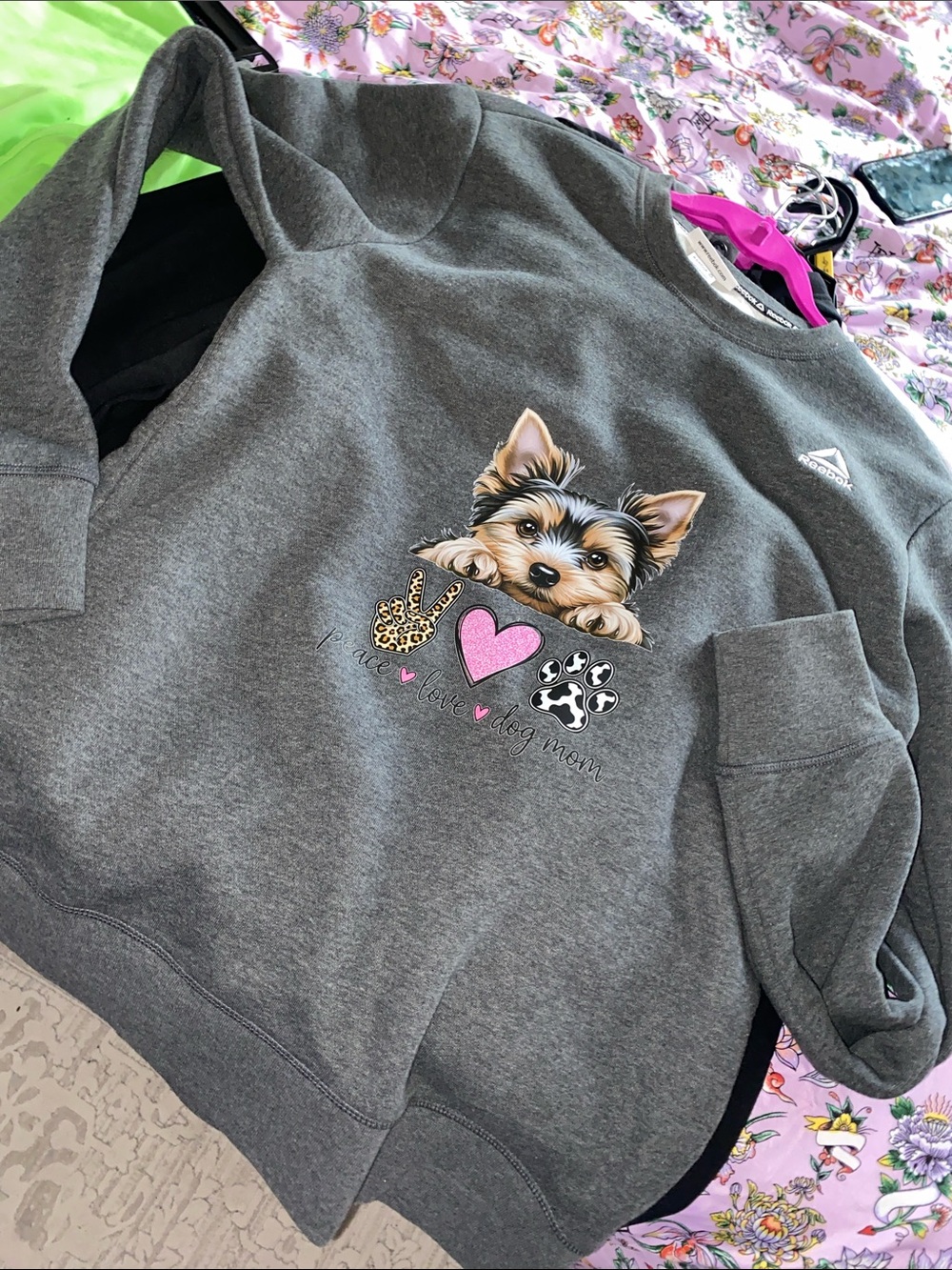Reebok Gray Crewneck Sweatshirt with Yorkie and Pink Heart Graphic